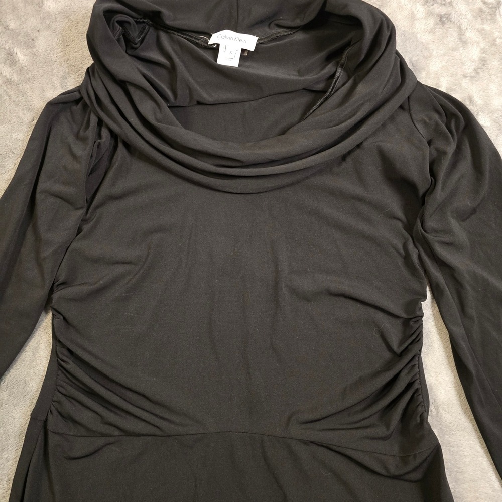 Chic Black Cowl Neck Midi Dress Small Ruched Draped Bodycon Cocktail Party Gala - Picture 5 of 16